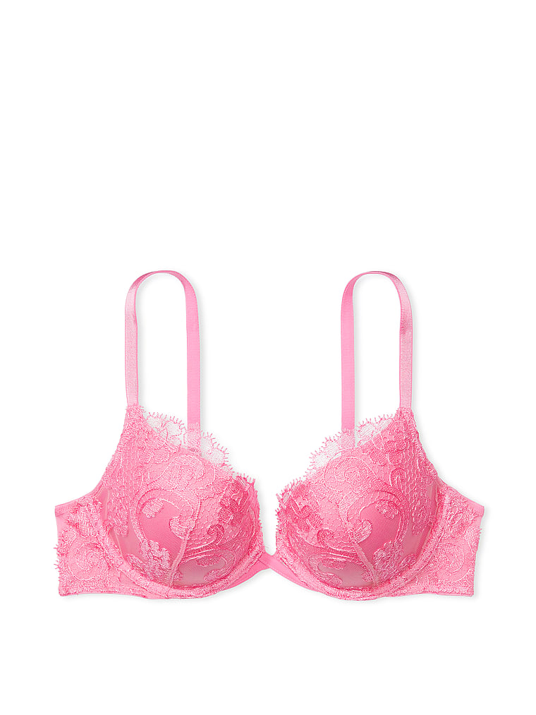 Victoria's Secret, Dream Angels Boho Floral Embroidery Push-Up Bra, Tickled Pink, offModelFront, 3 of 4