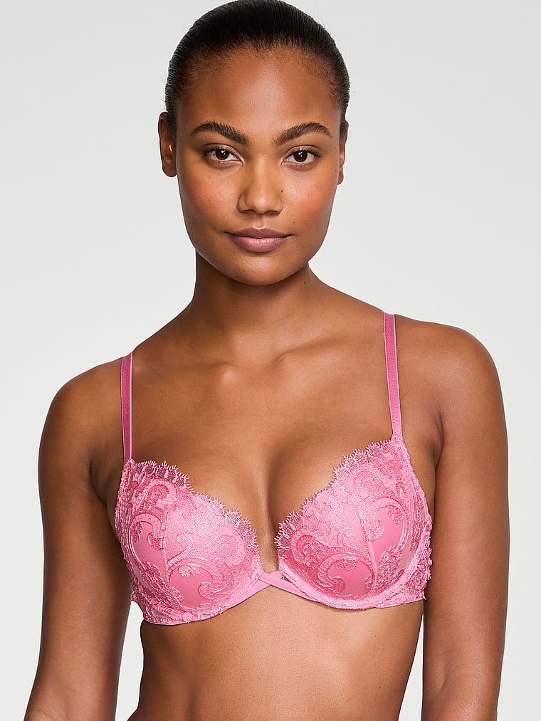 Victoria's Secret, Dream Angels Boho Floral Embroidery Push-Up Bra, Tickled Pink, onModelFront, 1 of 4 Ange-Marie is 5'10" and wears 34B or Small