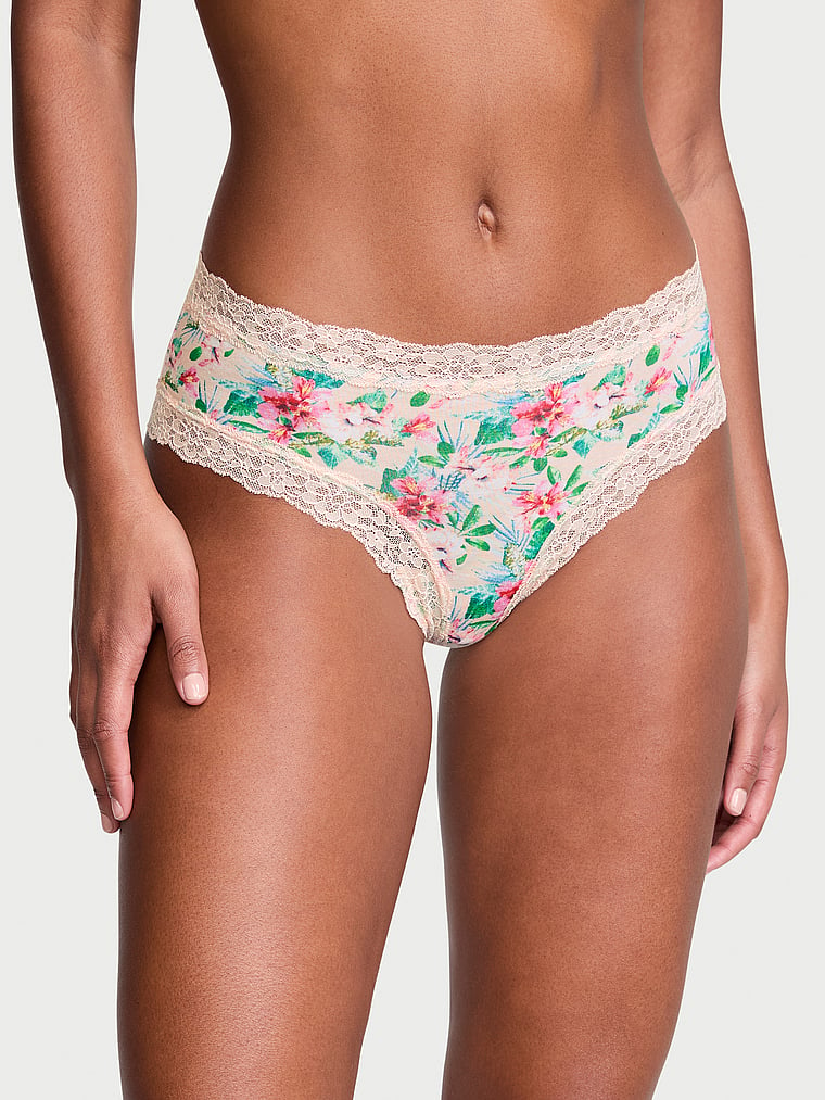Victoria's Secret, The Lacie Lace-Waist Cotton Cheeky Panty, Vivid Tropical, onModelFront, 2 of 3 Ange-Marie is 5'10" and wears Small