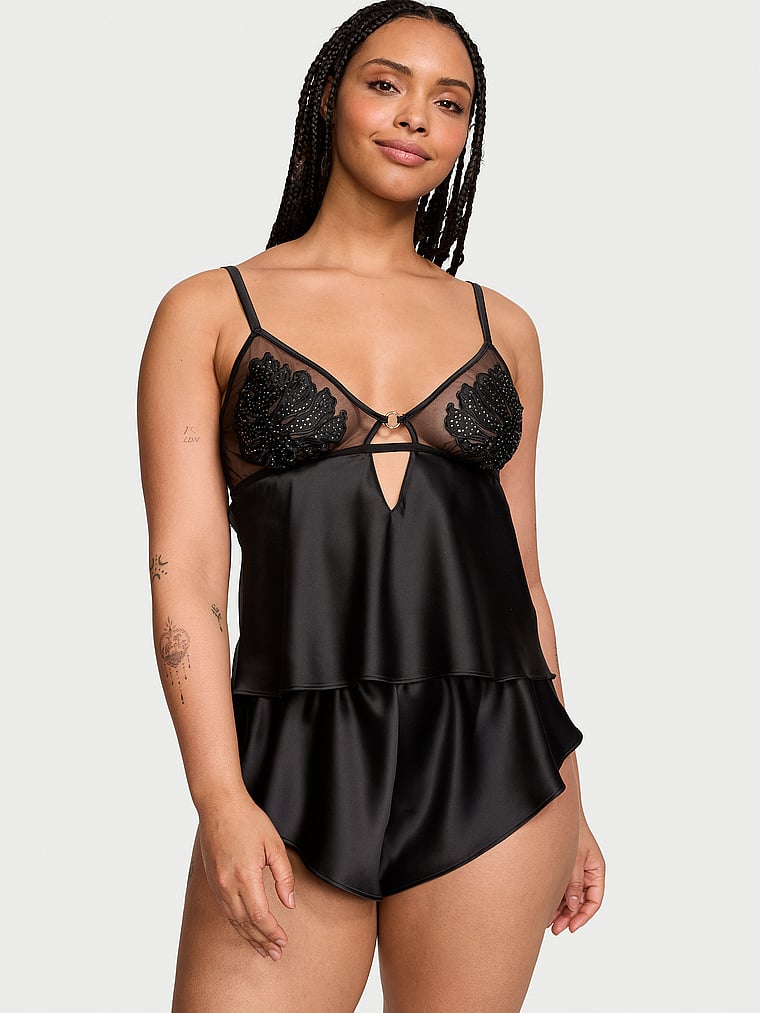 Victoria's Secret, Victoria's Secret Satin Tropical Leaf Open-Cup Cami Set, Black, onModelFront, 1 of 3 Gilly  is 5'10" and wears Large