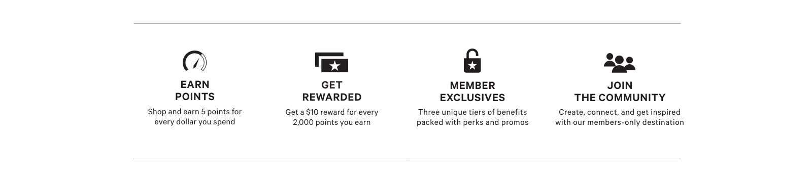 Earn Points: Shop and earn 5 points for every dollar you spend. Get Rewarded: Get a $10 reward for every 2,000 points you earn. Member Exclusives: Three unique tiers of benefits packed with perks and promos. Join The Community: Create, connect and get inspired with our new Members-only destination.
