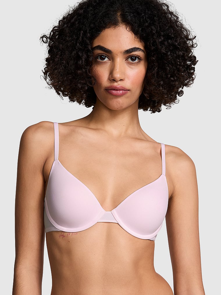 PINK Wear Everywhere Wear Everywhere Lightly Lined T-Shirt Bra, Pink Tulip, onModelFront, 1 of 5 Vanessa is 5'10" and wears 32B or Small