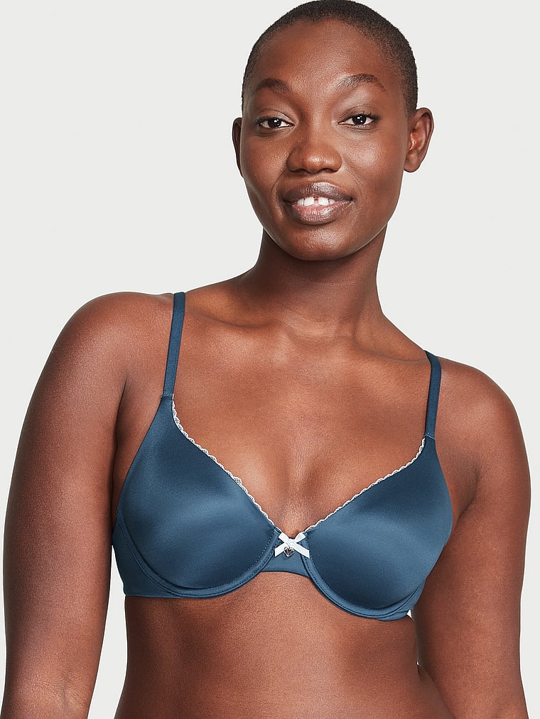 Victoria's Secret, Body by Victoria Lightly Lined Smooth Full-Coverage Bra, Midnight Sea, onModelFront, 3 of 4 Arame is 5'11" and wears 34B or Medium