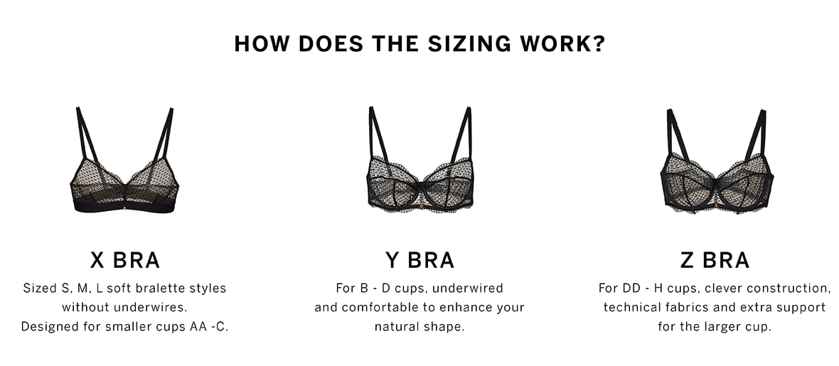 How Does The Sizing Work? X Bra: Sized S, M, L soft bralette styles without underwires. Designed for smaller cups AA - C. Y Bra: For B - D cups, underwired and comfortable to enhance your natural shape. Z Bra: For DD - H cups, clever construction, technical fabrics and extra support for the larger cup.