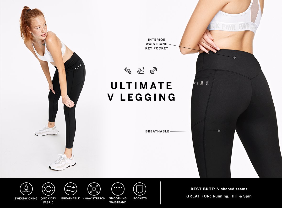 Ultimate v Legging. Interior waistband key pocket. Breatheable. Sweat wicking. Quick dry. 4-way stretch. Smoothing waistband. Pockets. Best butt: V-shaped seams. Great for: Running, HIIT and Spin.