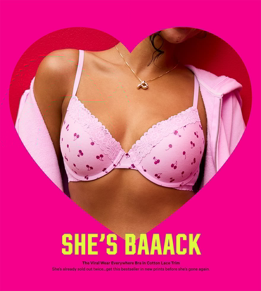 She's Baaack. The Viral Wear Everywhere Bra in Cotton Lace Trim. She's already sold out twice...get this bestseller in new prints before she's gone again.