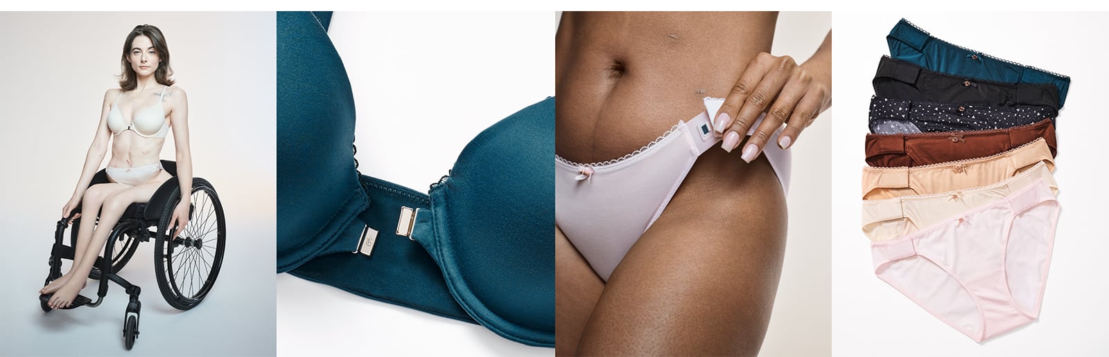 A collage of images of VS Adaptive bra and panties showing the magnetic closures and a model sitting in a wheelchair wearing a white VS Adaptive bra and panty.