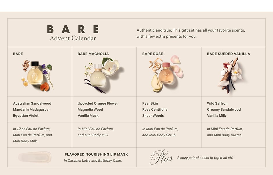 The Bare Advent Calendar. Authentic and true: This gift set has all your favorite scents, with a few extra presents for you. BARE. Australian Sandalwood. Mandarin Madagascar. Egyptian Violet. In 1.7 oz Eau de Parfum, Mini Eau de Parfum, and Mini Body Milk. BARE MAGNOLIA. Upcycled Orange Flower. Magnolia Wood. Vanilla Musk. In Mini Eau de Parfum, and Mini Body Milk. BARE ROSE. Pear Skin. Rosa Centifolia. Sheer Woods. In Mini Eau de Parfum, and Mini Body Scrub. BARE SUEDED VANILLA. Wild Saffron. Creamy Sandalwood. Vanilla Milk. In Mini Eau de Parfum, and Mini Body Butter. FLAVORED NOURISHING LIP MASK. In Caramel Latte and Birthday Cake.