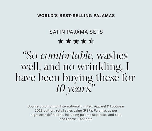 Worlds Best-Selling Pajamas. Satin Pajama Sets. So comfortable, washes well, and no wrinkling, I have been buying these for 10 years Source Euromonitor International Limited; Apparel and Footwear 2023 edition. retail sales value (RSP) Pajamas as per nightwear definitions, including pajama separates and sets and robes; 2022 data.