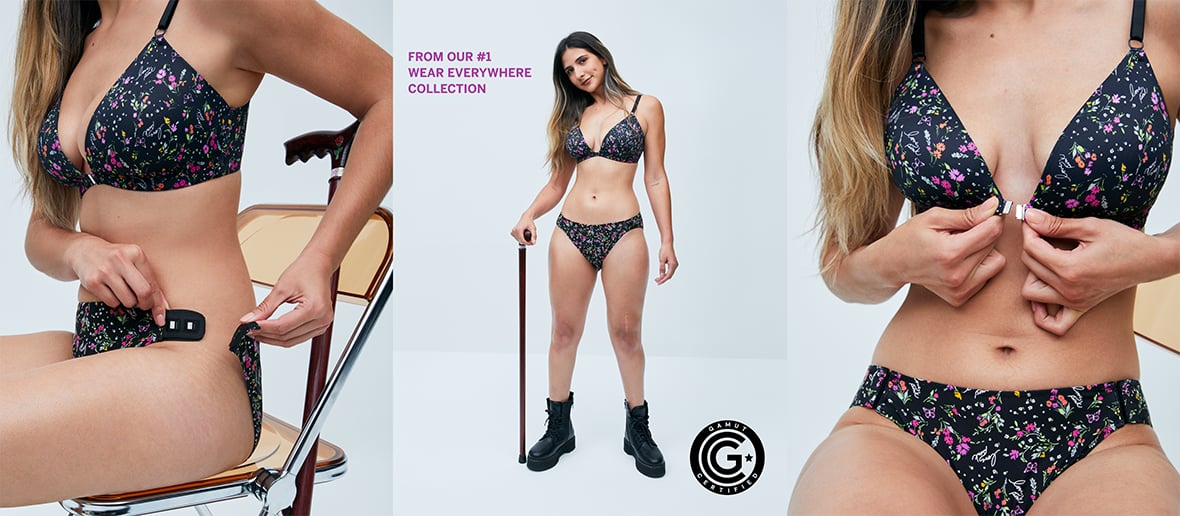 Center image model Paula Carozzo is standing and using a cane for stability. She is wearing the new PINK Adaptive&#160;Bra and&#160;Panty in a floral&#160;print.&#160;Copy behind Paula reads: &#8220;From our #1 Wear Everywhere Collection.&#8221; Images on the left and right shows&#160;Paula Carozzo from the neck down sitting on a chair with a cane near her,&#160;demonstrating the magnetic closures.