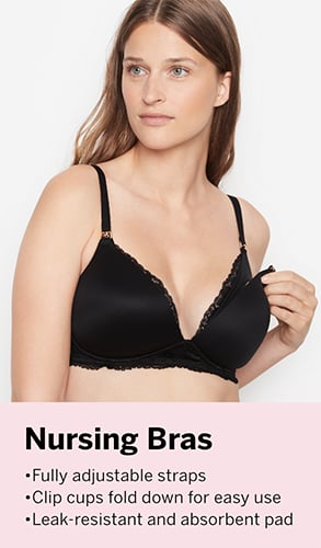 Nursing Bras. Fully adjustable straps. Clip cups fold down for easy use. Leak-resistant and absorbent pad.