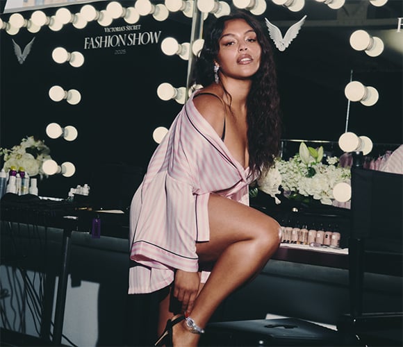 Model wearing a Victorias Secret robe.