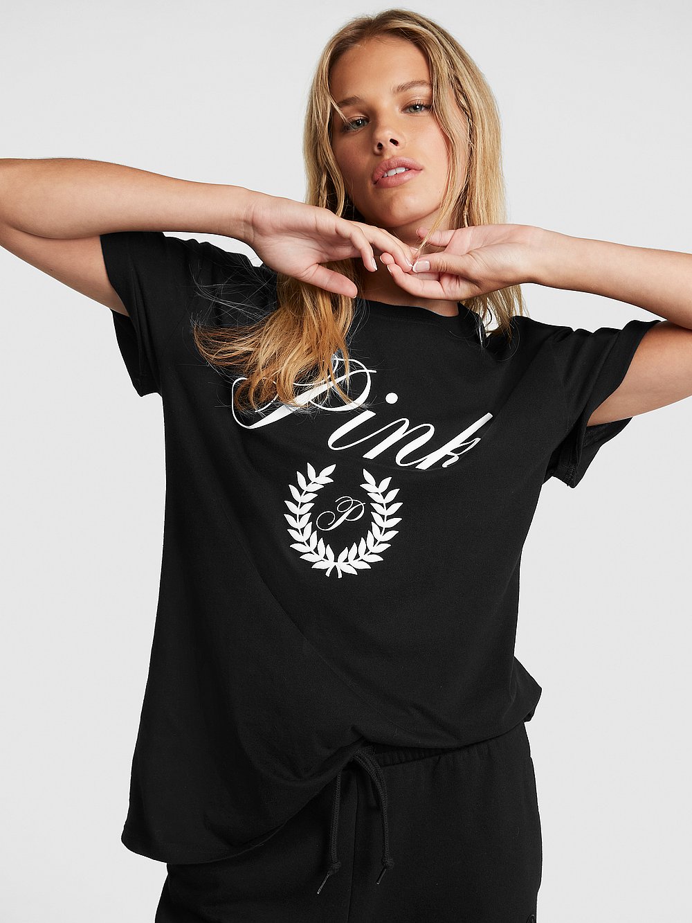 PINK Oversized Short-Sleeve T-Shirt, Pure Black, onModelFront, 1 of 4 Mari is 5'7" and wears Small