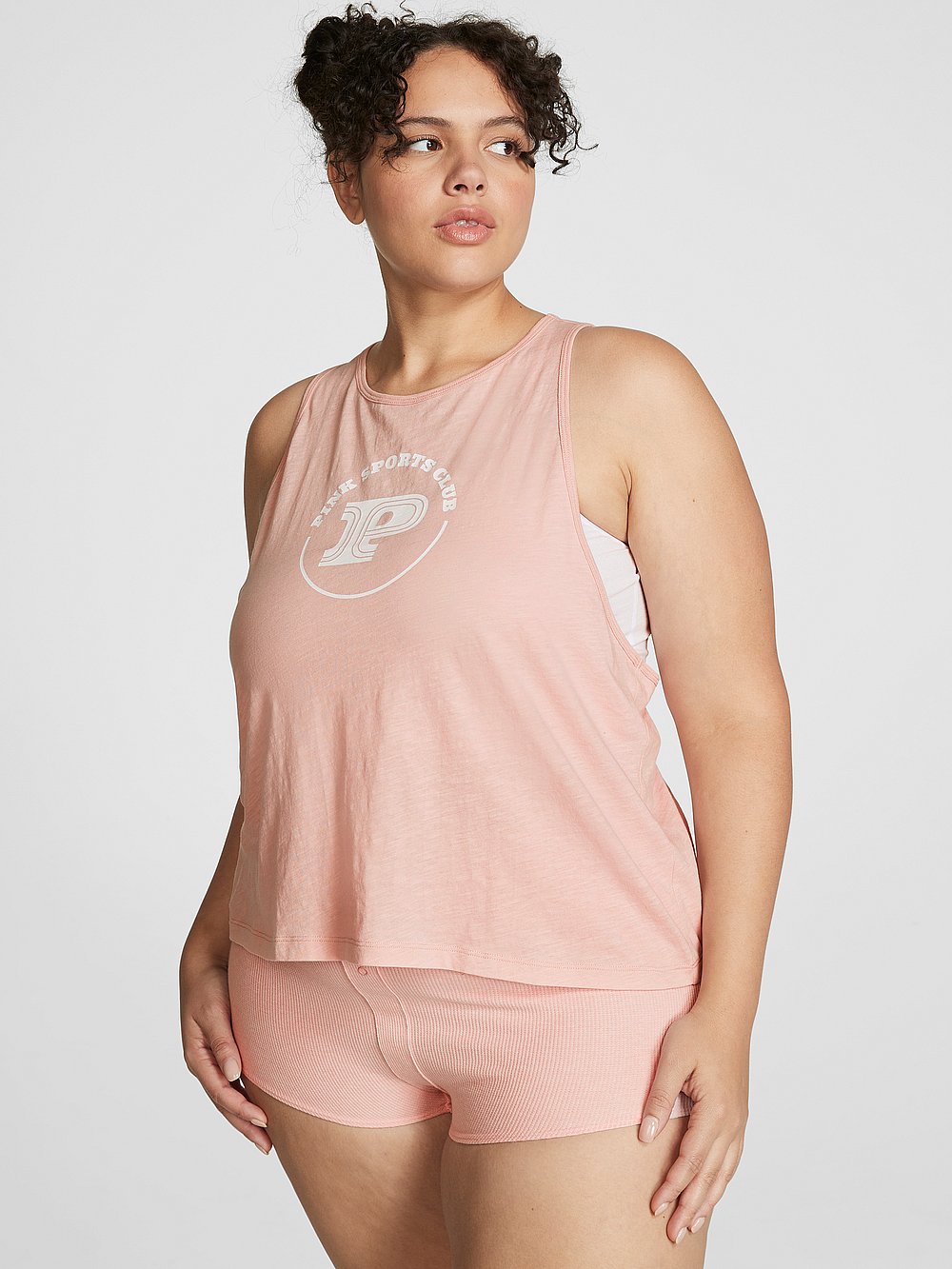 PINK Cotton Racerback Tank Top, Wanna Be Pink, onModelFront, 1 of 3 Diana is 5'8" and wears Extra Extra Large