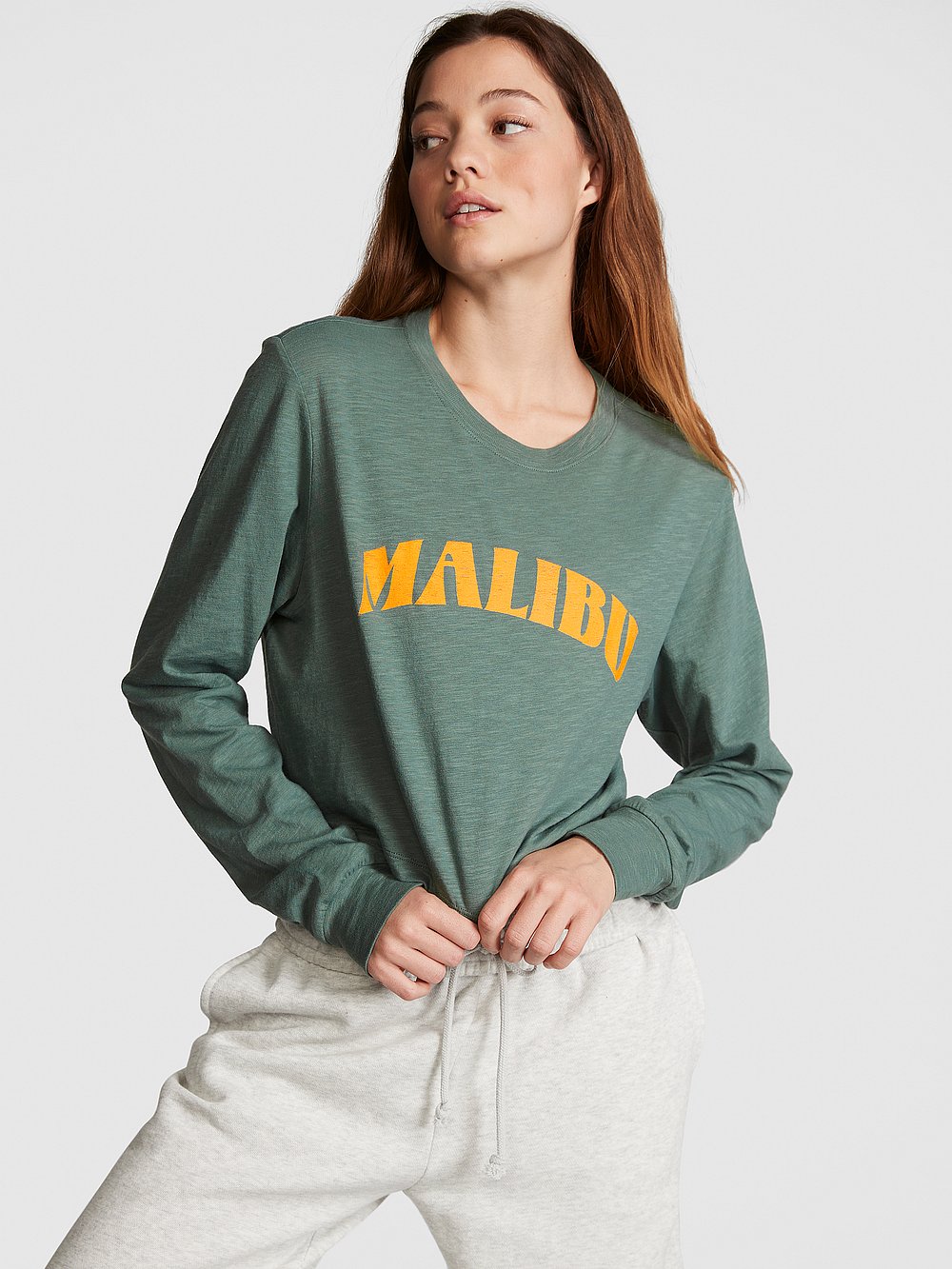 PINK Premium Cotton Cropped Long-Sleeve T-Shirt, Fresh Forest Malibu, onModelFront, 1 of 4 Ruby is 5'6" and wears Small