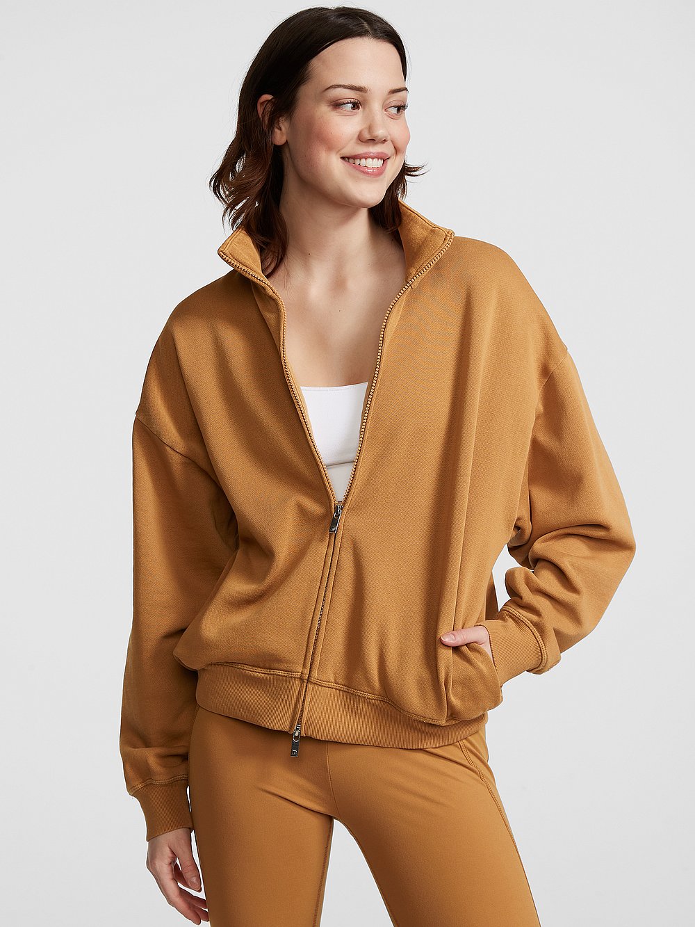 PINK Ivy Fleece Full-Zip Sweatshirt, Golden Oak, onModelFront, 2 of 4