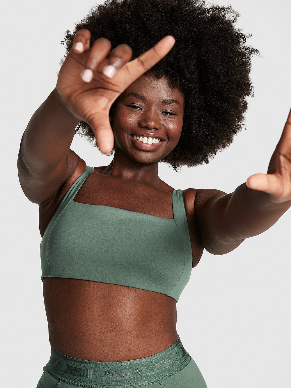 Victoria's Secret, PINK Ultimate Squareneck Sports Bra, Fresh Forest, onModelFront, 1 of 3 Fanta is 5'11" and wears 34D or Medium