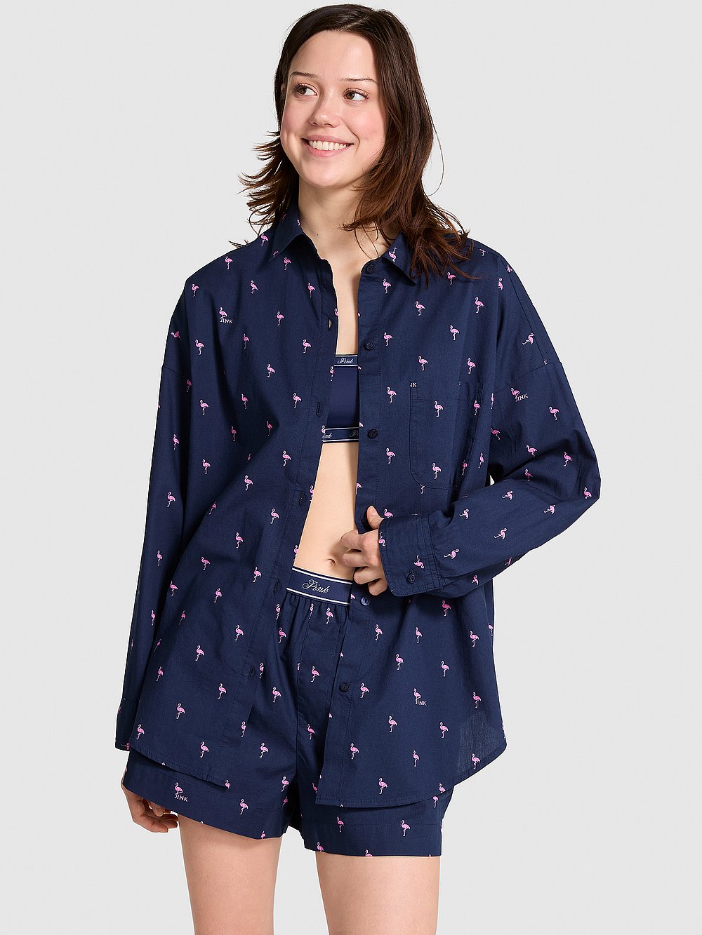 Victoria's Secret, PINK Cotton Poplin Oversized Button-Down Sleepshirt, Midnight Navy Flamingo, onModelFront, 1 of 5