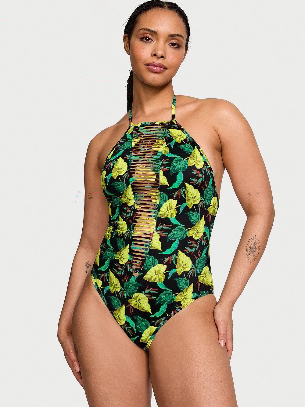 Victoria's Secret, Victoria's Secret Swim New Style! VS Archives Swim Strappy High-Neck One-Piece Swimsuit, Vintage Leaves, onModelFront, 1 of 3 Gilly is 5'10" and wears Large