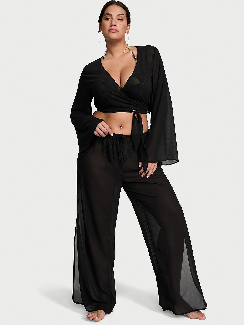 Victoria's Secret, Victoria's Secret Swim New Style! Sheer Crinkle Wide-Leg Pants, Black, onModelFront, 2 of 3 Lorena is 5'9" and wears Large