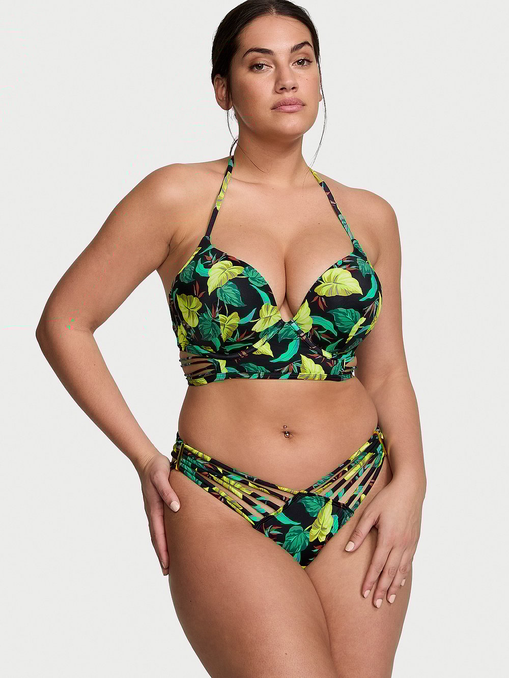 Victoria's Secret, Victoria's Secret Swim New Style! VS Archives Swim Strappy Hardware Brazilian Bikini Bottom, Vintage Leaves, onModelBack, 2 of 3 Lorena is 5'9" and wears Large