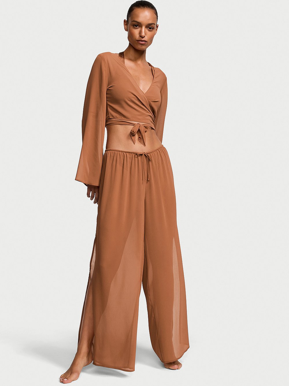 Victoria's Secret, Victoria's Secret Swim Sheer Crinkle Wide-Leg Pants, Caramel, onModelFront, 2 of 3 Nikita is 5'10" and wears Small