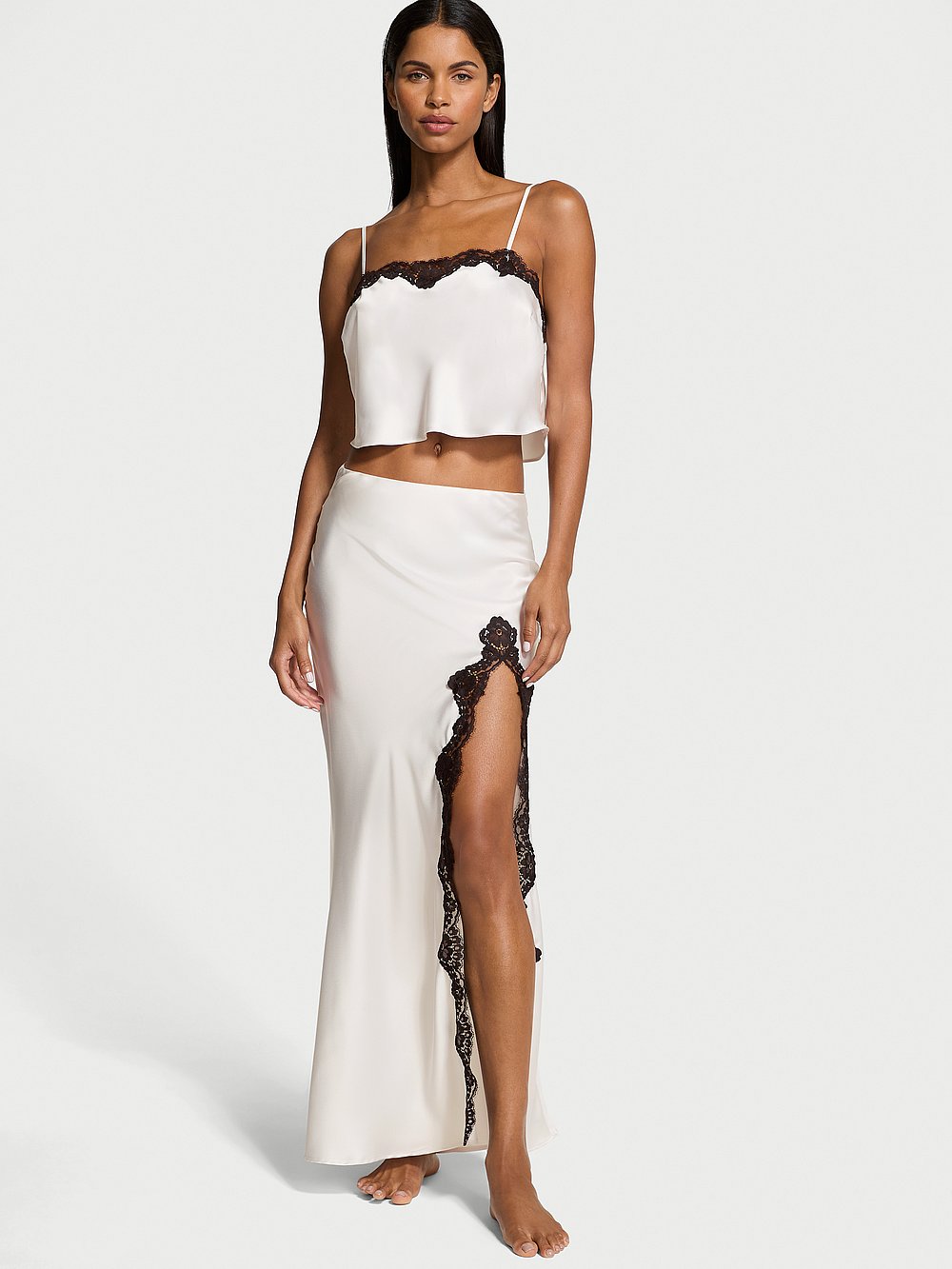 Victorias Secret Women's Dream Angels Satin Lace-Trim Cropped Top & Slip Skirt Set
