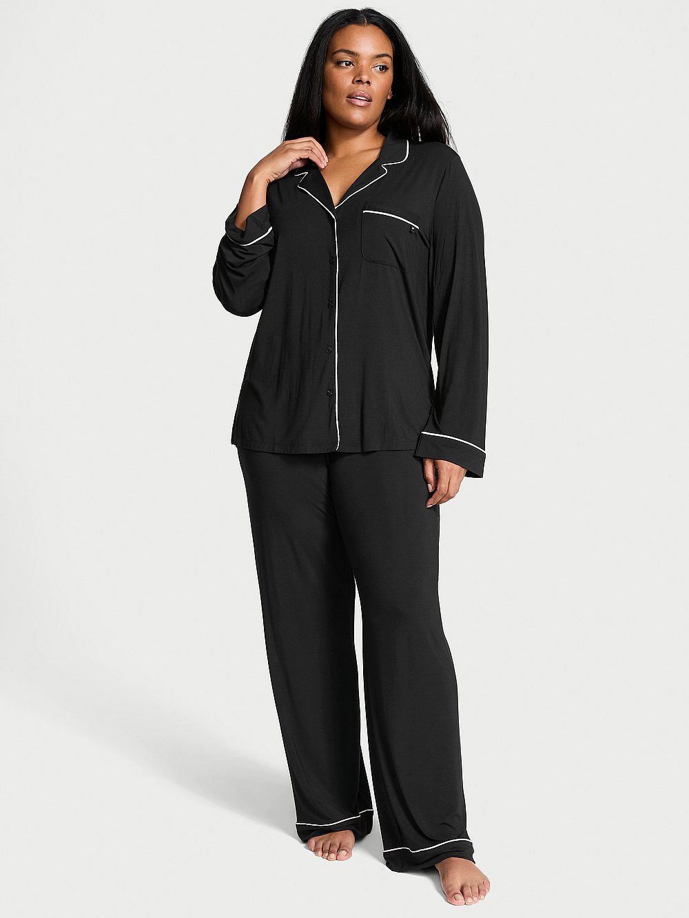 Victoria's Secret, Victoria's Secret SoSoft&trade; Modal Long Pajama Set, BLACK, onModelFront, 1 of 5