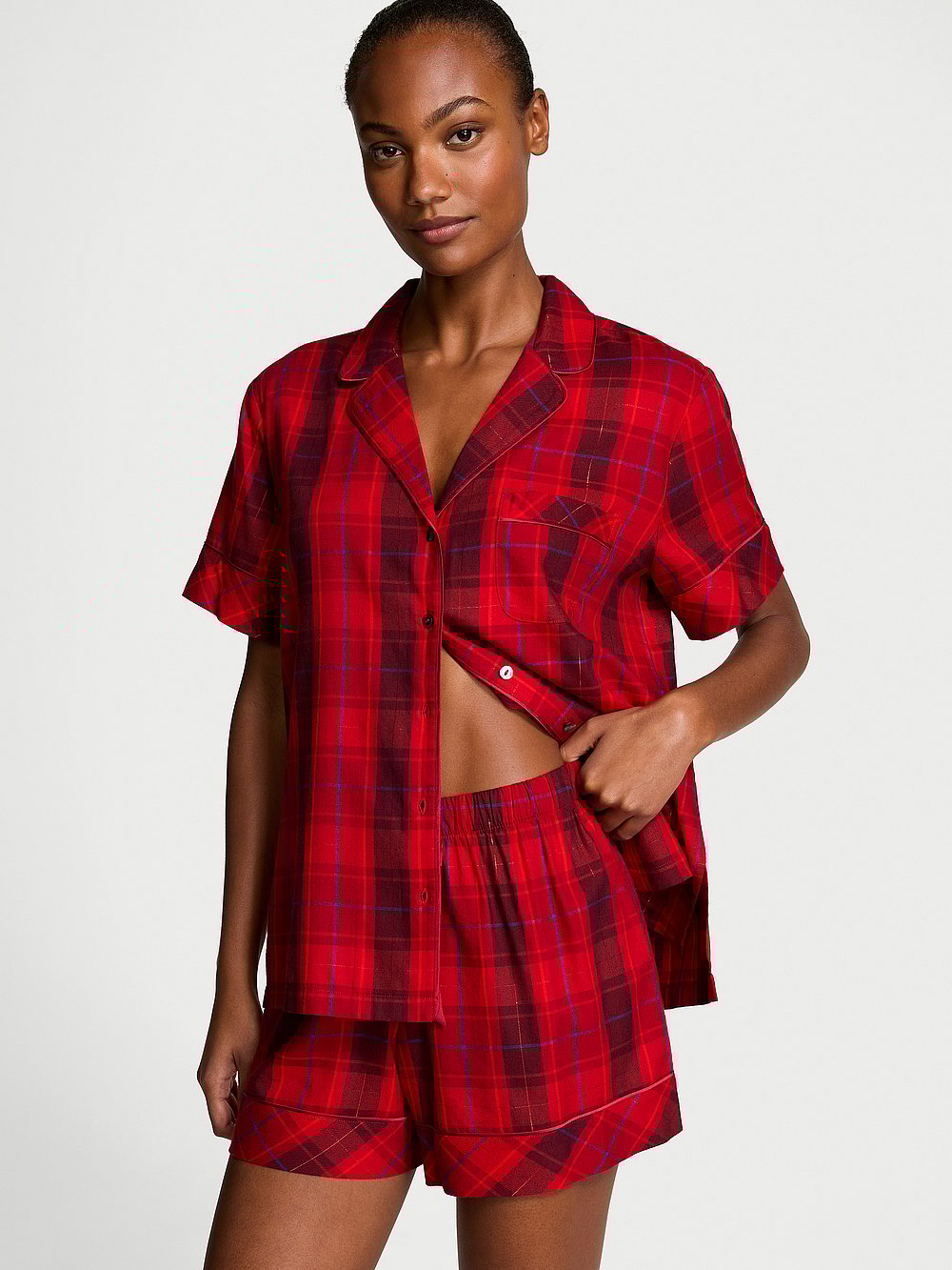 Victoria's Secret, Victoria's Secret Flannel Short Pajama Set, RED LAQUER PLAID, onModelFront, 1 of 3 Ange-Marie is 5'10" and wears S/Regular