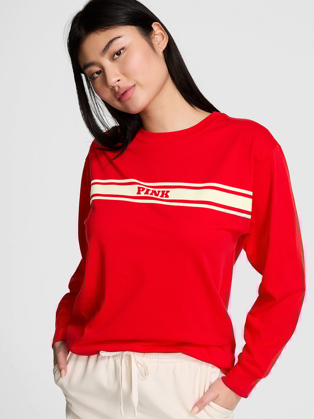 PINK Cotton Long-Sleeve Hockey Tee, Bright Vermillion -stripe, onModelFront, 1 of 4 Gloria is 5'9" and wears Small