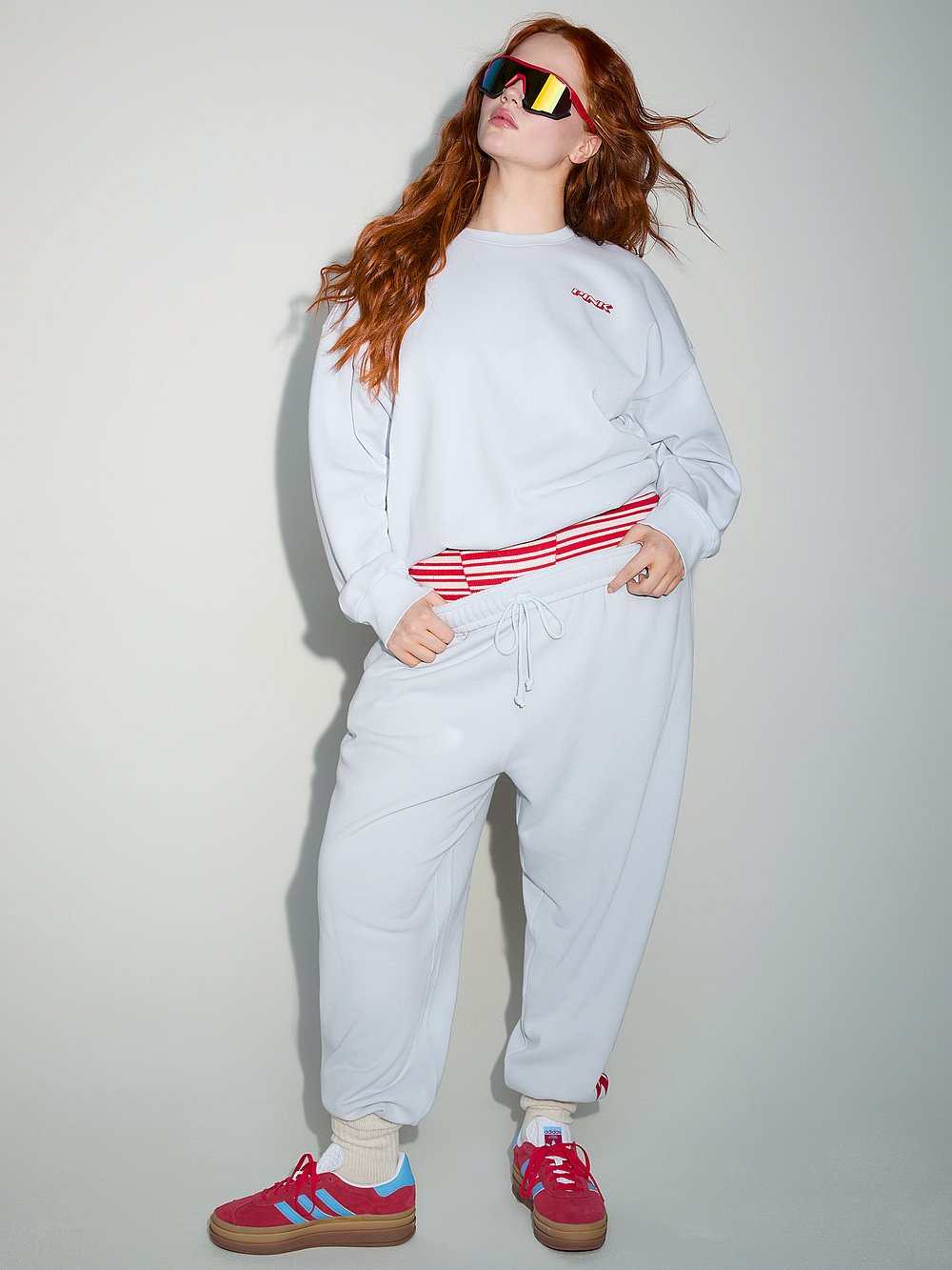 PINK Ivy Fleece Campus Sweatpants, Hydrangea Blue Pink Rink, onModelSide, 1 of 3 Finley is 5'9" and wears Large