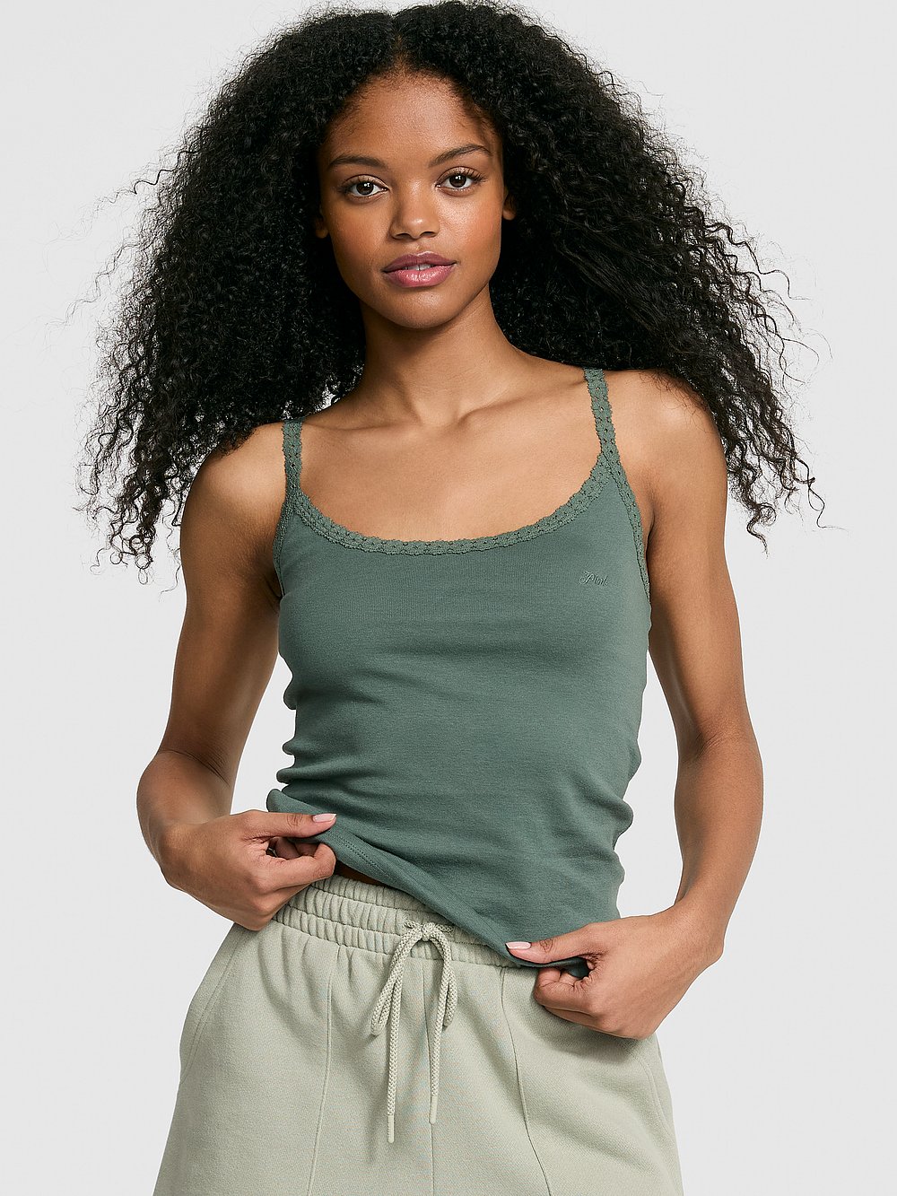 PINK Pretty Perfect Cami, Faded Sage, onModelFront, 1 of 3