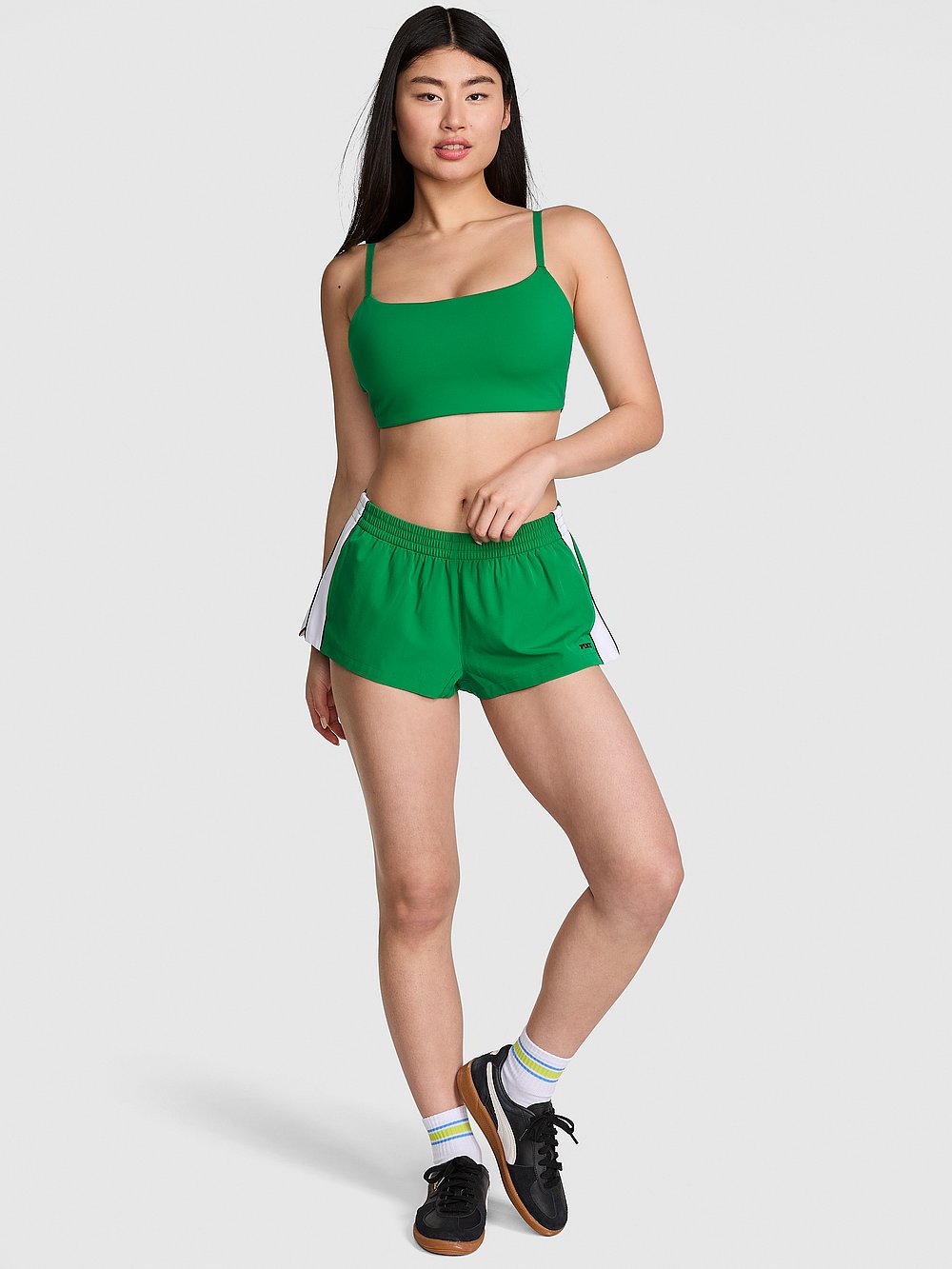 PINK Tech Woven Retro Shorts, Verdant Green, onModelFront, 1 of 2 Gloria is 5'9" and wears Small