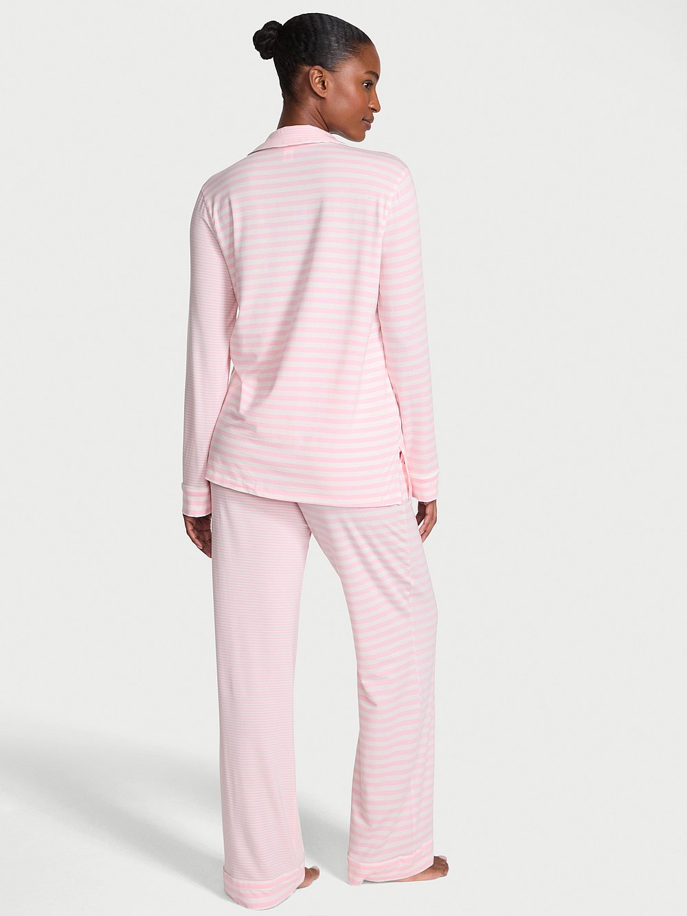Victoria's Secret, Victoria's Secret SoSoft&trade; Modal Long Pajama Set, Pretty Blossom/Coconut White Yd Stripe, onModelBack, 2 of 5 Tsheca  is 5'9" and wears S/Long