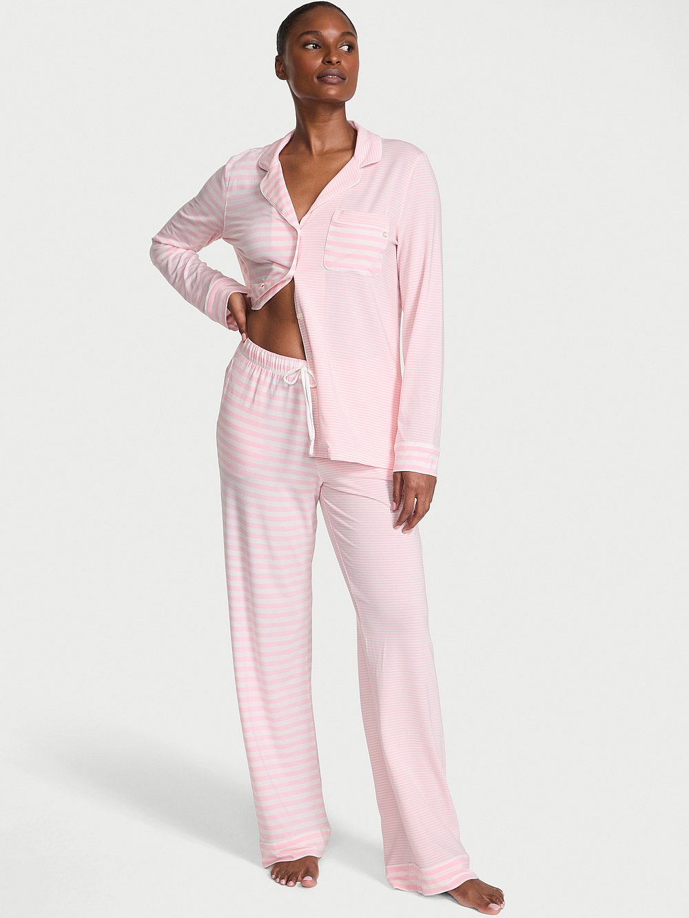 Victoria's Secret, Victoria's Secret SoSoft&trade; Modal Long Pajama Set, Pretty Blossom/Coconut White Yd Stripe, onModelFront, 1 of 5 Tsheca  is 5'9" and wears S/Long