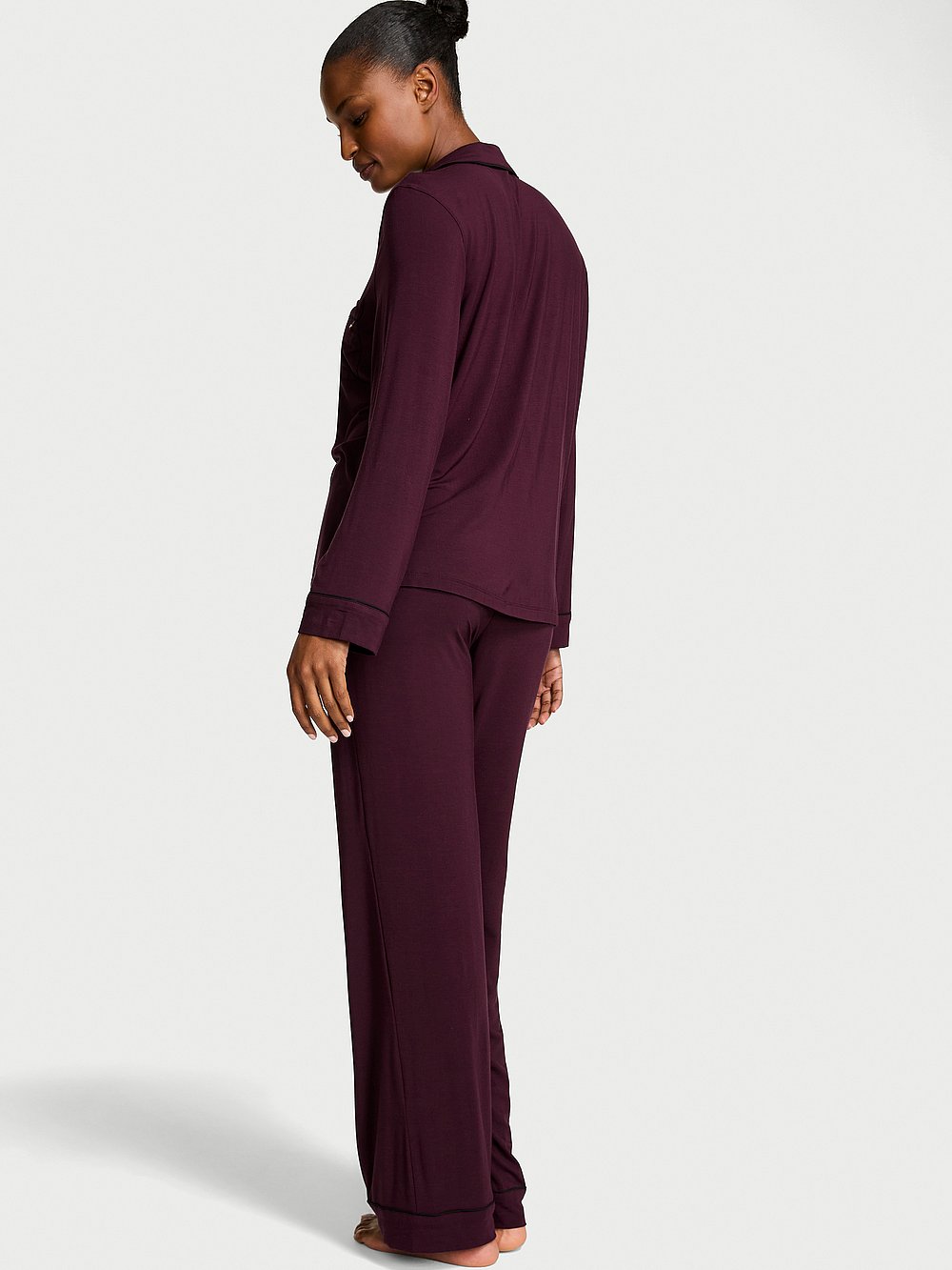 Victoria's Secret, Victoria's Secret SoSoft&trade; Modal Long Pajama Set, Winter Wine, onModelBack, 2 of 5 Tsheca  is 5'9" and wears S/Long