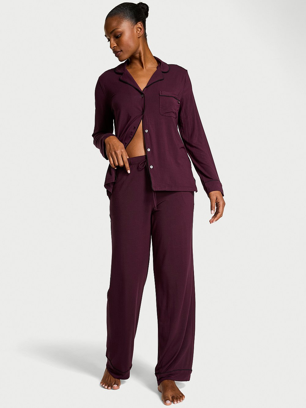 Victoria's Secret, Victoria's Secret SoSoft&trade; Modal Long Pajama Set, Winter Wine, onModelFront, 1 of 5 Tsheca  is 5'9" and wears S/Long