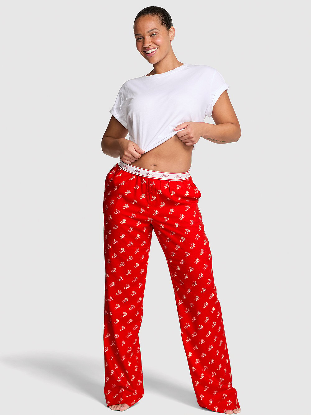 Victorias Secret PINK Women's Flannel Sleep Pants (Bright Vermillion 'p' Script Logo Print)