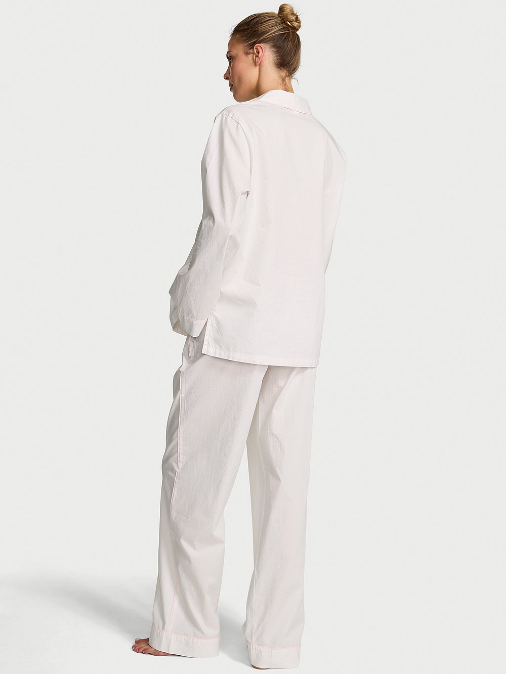 Victoria's Secret, Victoria's Secret Heritage Cotton Long Pajama Set, VS White with Pink Piping, onModelSide, 2 of 5 Aga is 5'10" and wears S/Regular
