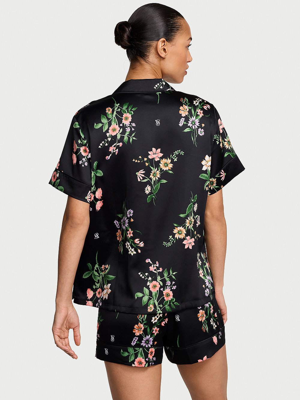 Victoria's Secret, Victoria's Secret Signature Satin Short Pajama Set, Black Botanical, onModelBack, 2 of 4 Nikita  is 5'10" and wears S/Long