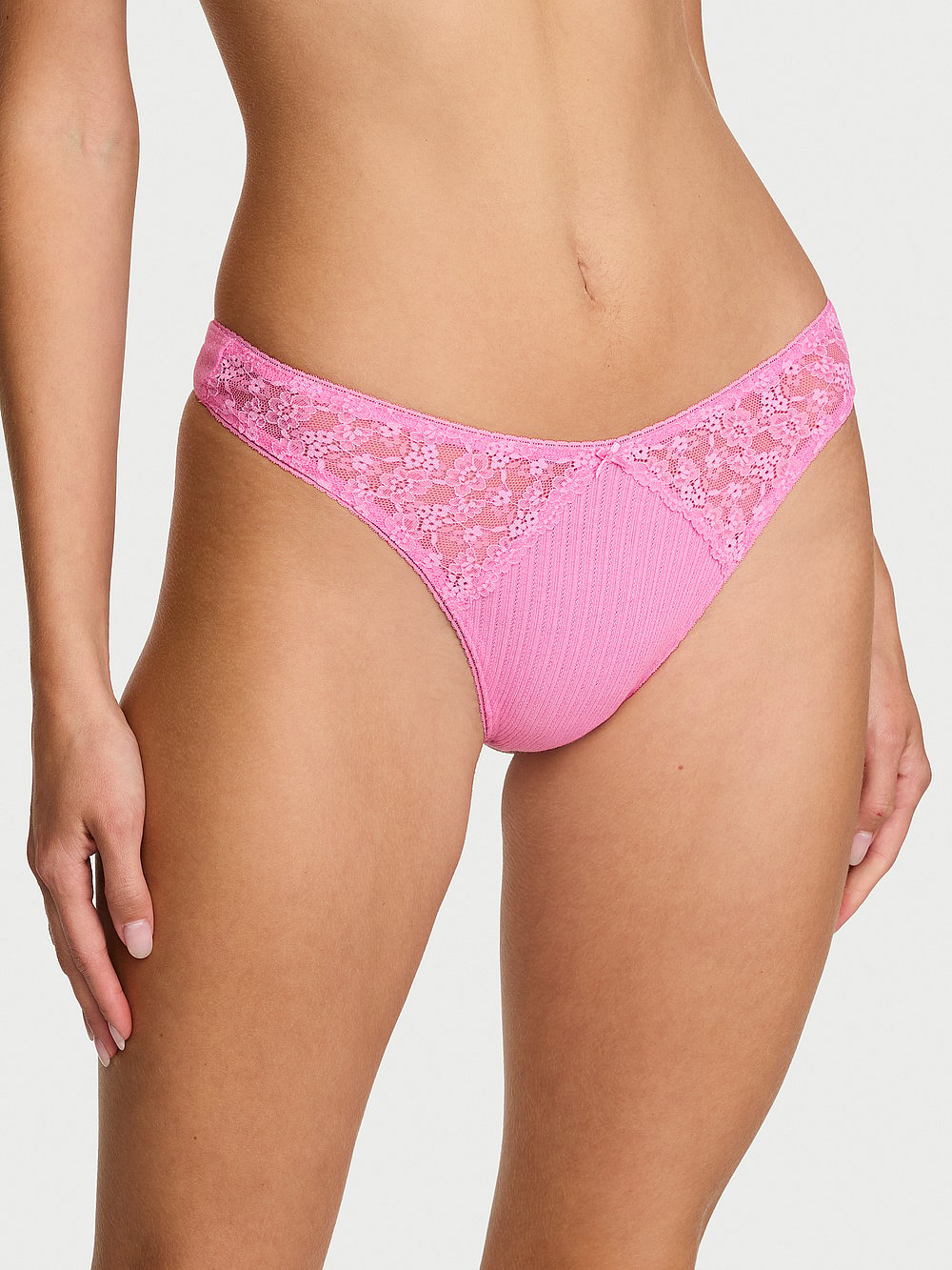 Victoria's Secret Cotton Pointelle Floral Lace-Trim High-Leg Scoop Thong Panty