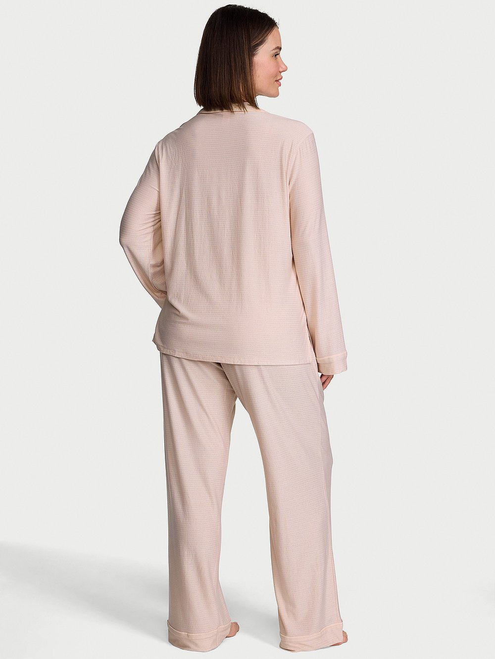 Victoria's Secret, Victoria's Secret SoSoft&trade; Modal Long Pajama Set, Sheer Blush Shimmer Stripes, onModelSide, 3 of 5