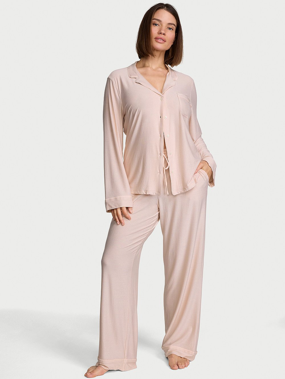 Victoria's Secret, Victoria's Secret SoSoft&trade; Modal Long Pajama Set, Sheer Blush Shimmer Stripes, onModelFront, 1 of 5
