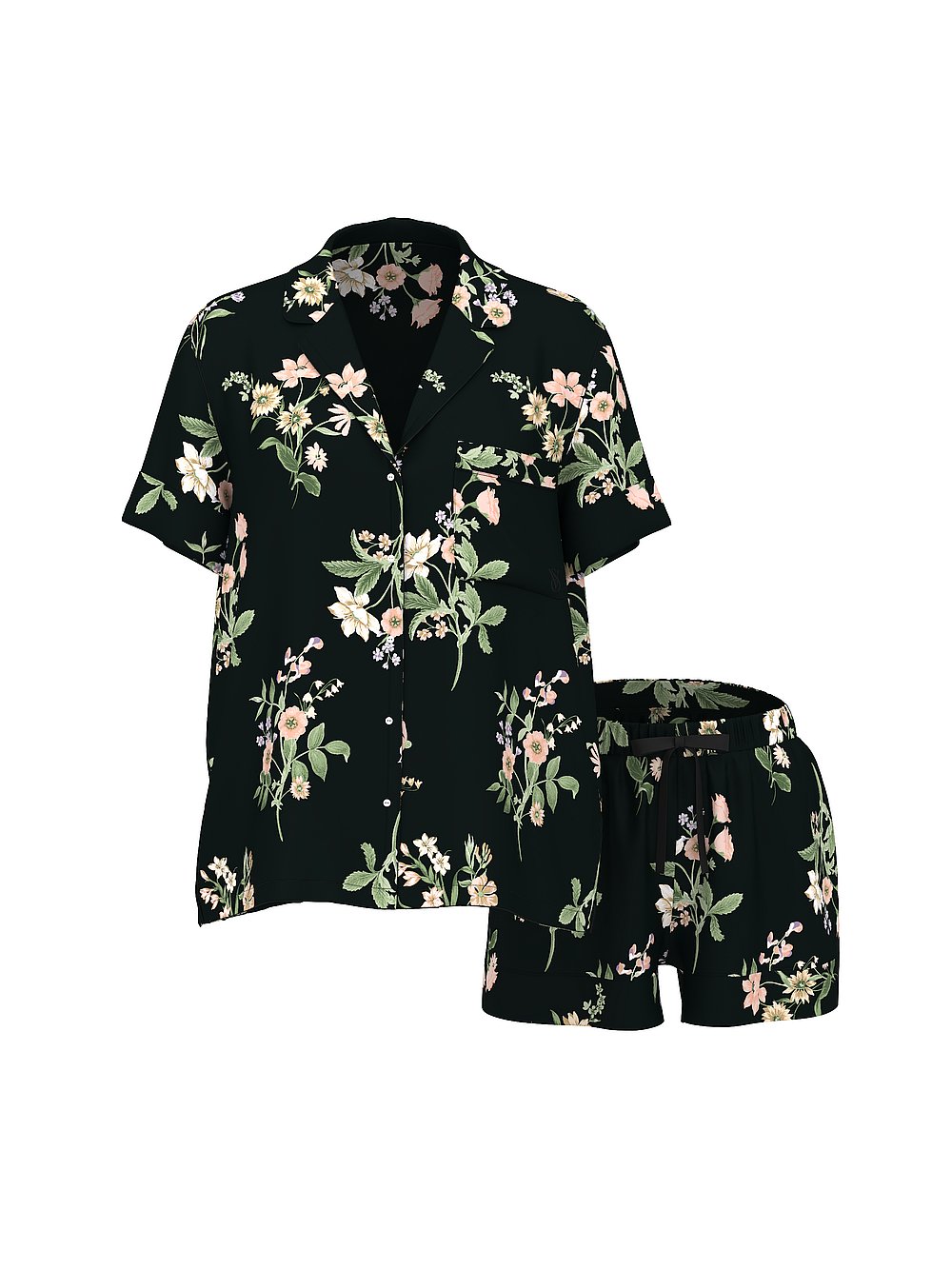 Victoria's Secret, Victoria's Secret Signature Satin Short Pajama Set, Black Botanical, offModelFront, 3 of 4