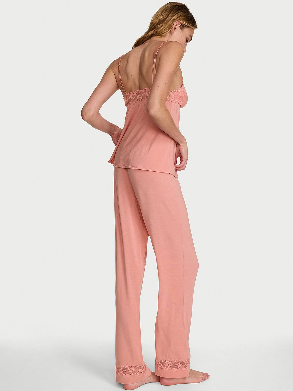 Victoria's Secret, Victoria's Secret SoSoft&trade; Modal Lace-Trim Cami & Pants Set, Blush Pink, onModelBack, 2 of 4