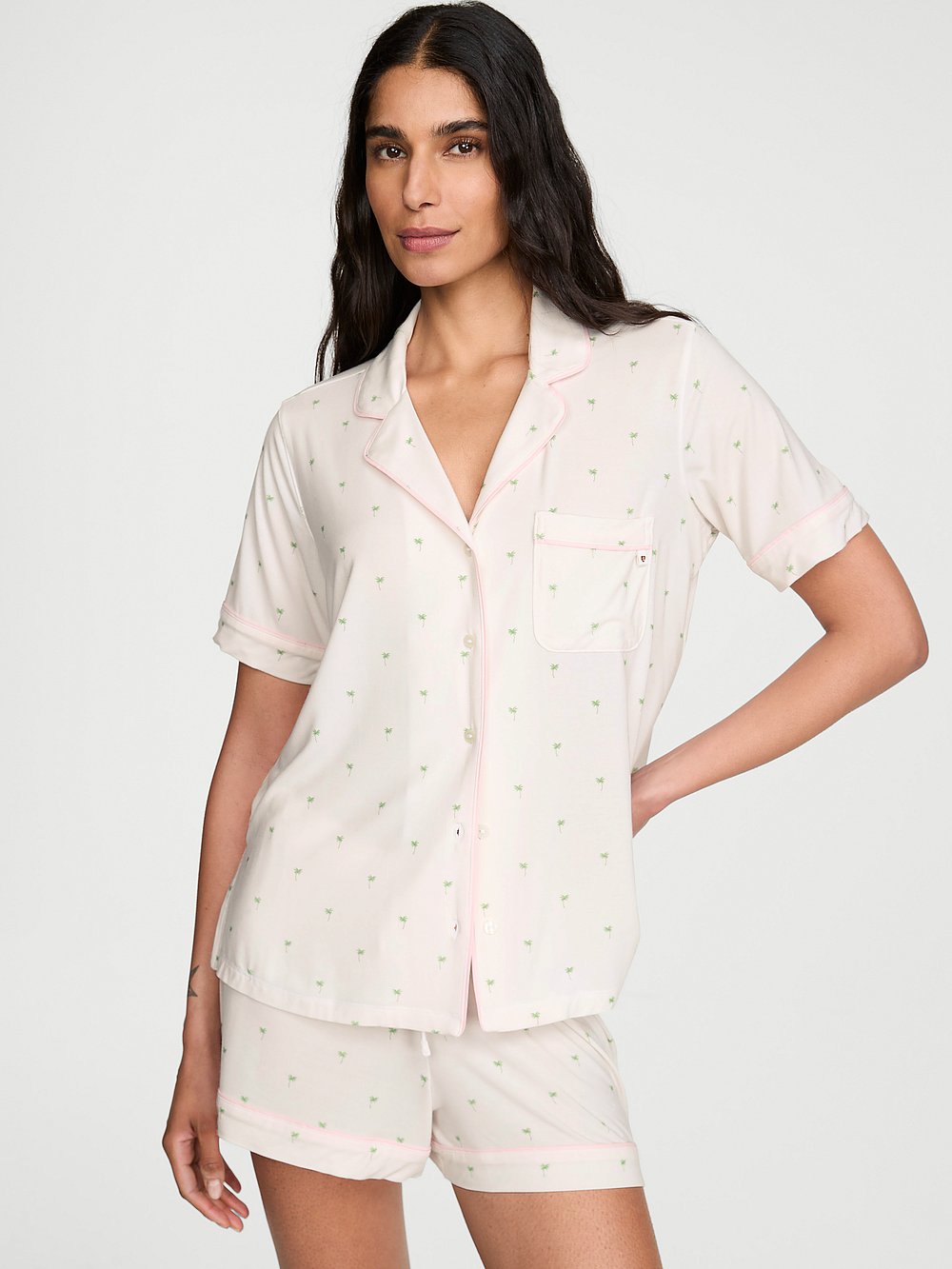 Victoria's Secret, Victoria's Secret SoSoft&trade; Modal Ultra-Fine Short Pajama Set, VS White Mini Palms, onModelFront, 1 of 3 Anisha is 5'11" and wears S/Long