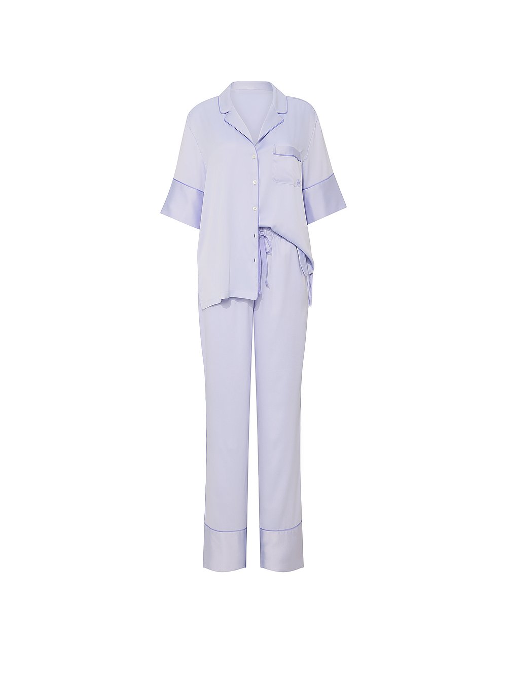 Victoria's Secret, Victoria's Secret Signature Satin Short-Sleeve Long Pajama Set, Icy Lavender, offModelFront, 3 of 4