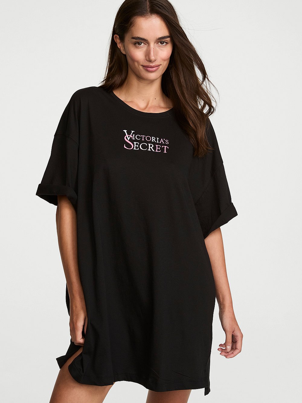Victoria's Secret, Victoria's Secret 100% Cotton Oversized Sleep Tee, Black, onModelFront, 1 of 5 Maia is 5'9" and wears Small