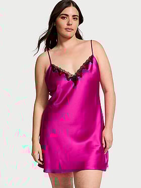 Satin Rose Lace-Trim Mini Slip Dress