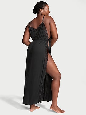 Ribbed Modal Lace-Trim Long Slip Dress